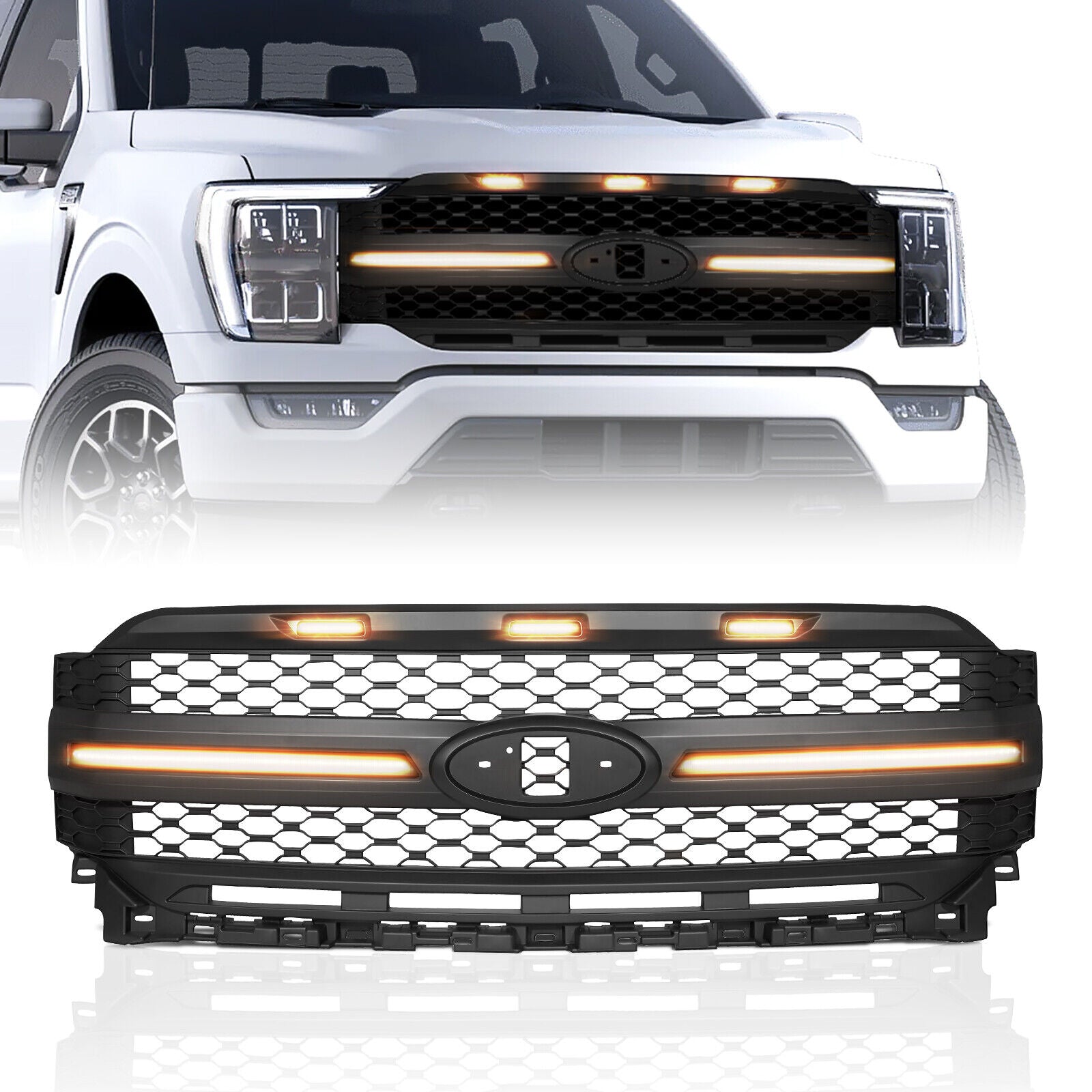 Grill For 2021-2023 Ford F150 Front Bumper Grille W/Light Matte Black with SEQ