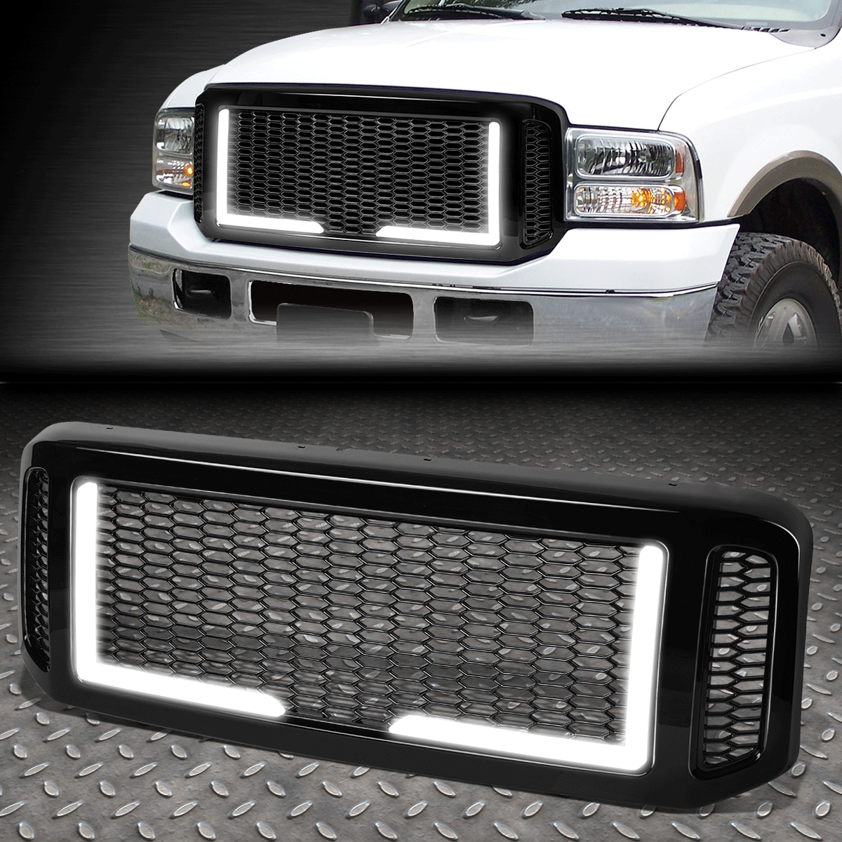 Front Bumper Grille Frame w/LED Light Bar for 2005-2007 Ford F250-F550 SD Honeycomb Grill