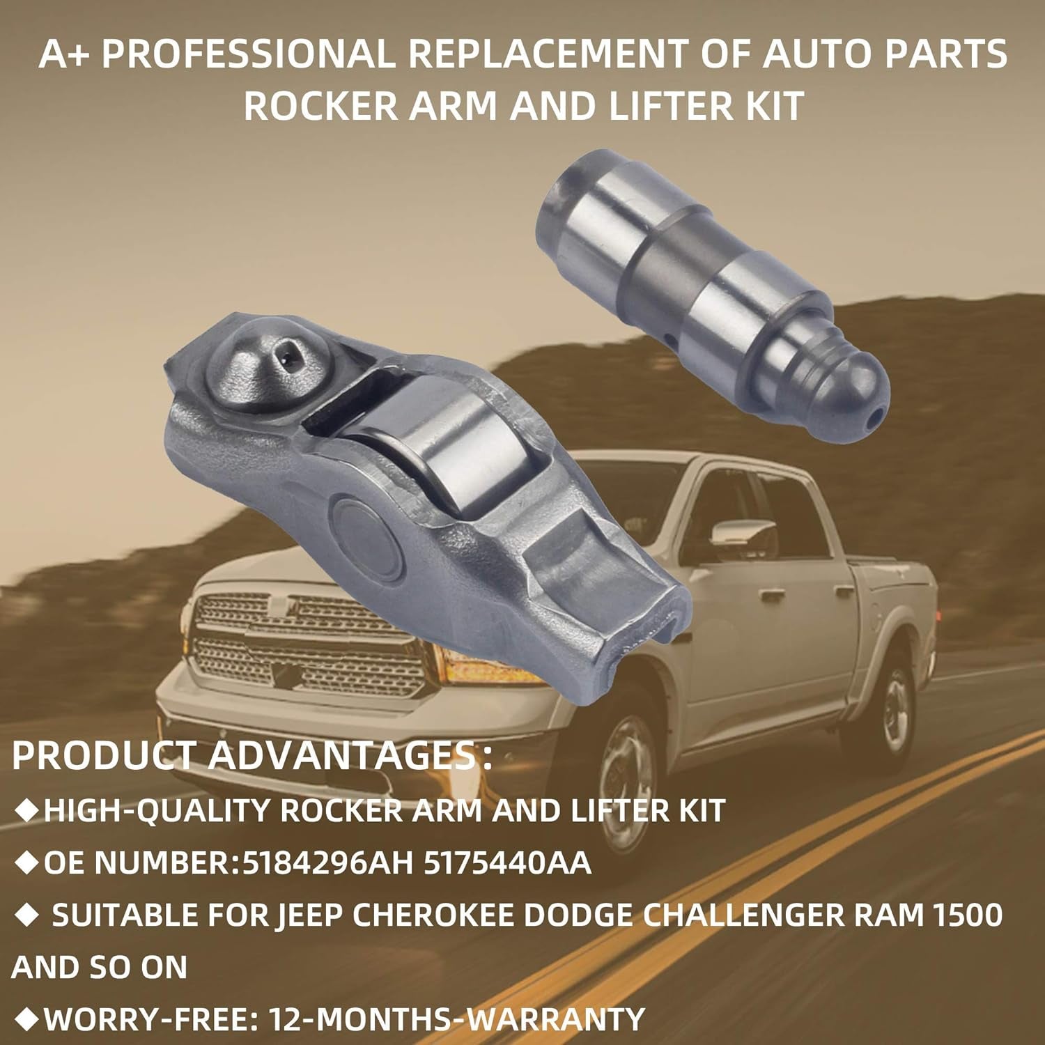 12 Pcs Rocker Arm and Lifter Kit Fits for Dodge Ram 1500 Challenger Jeep Grand Cherokee Wrangler 5184296AH 5184332AA