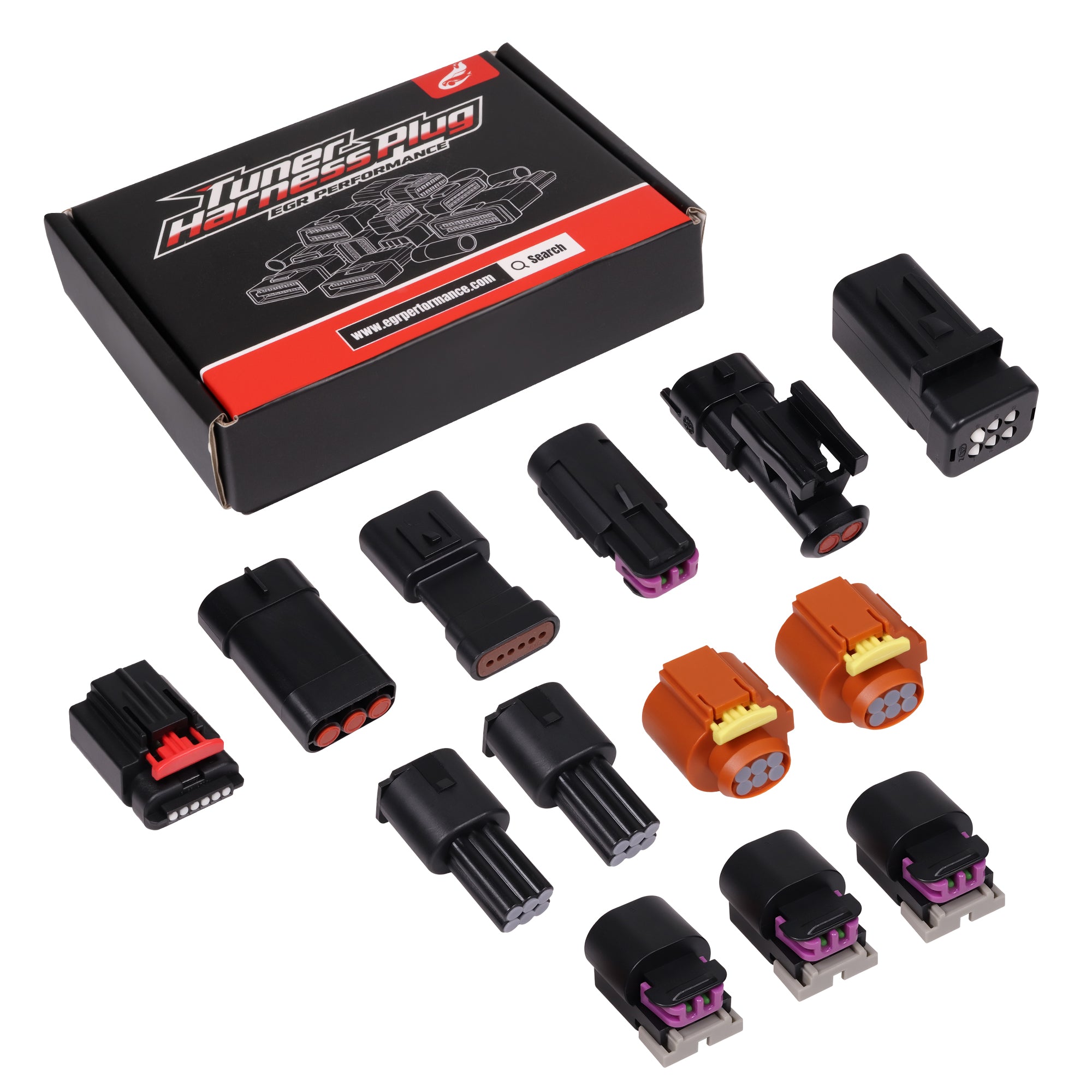 Detailed shot of individual harness plugs from Shibby Engineering 6.7L Powerstroke tuner kit for diesel pickup truck