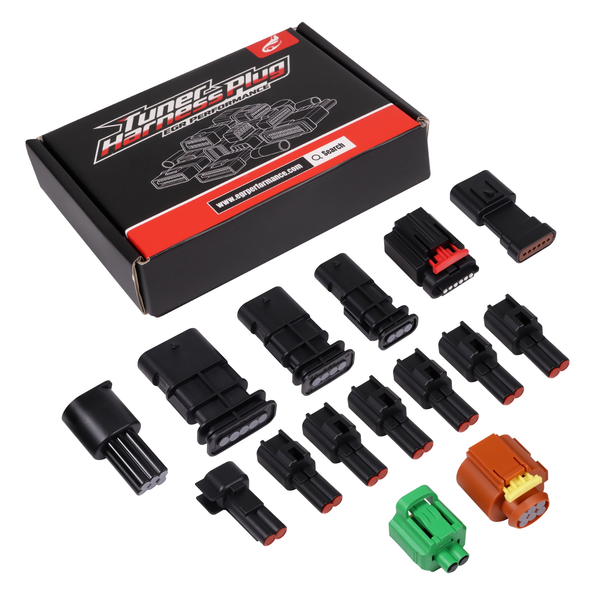 Detailed shot of individual harness plugs from Shibby Engineering 6.7L Powerstroke tuner kit for diesel pickup truck