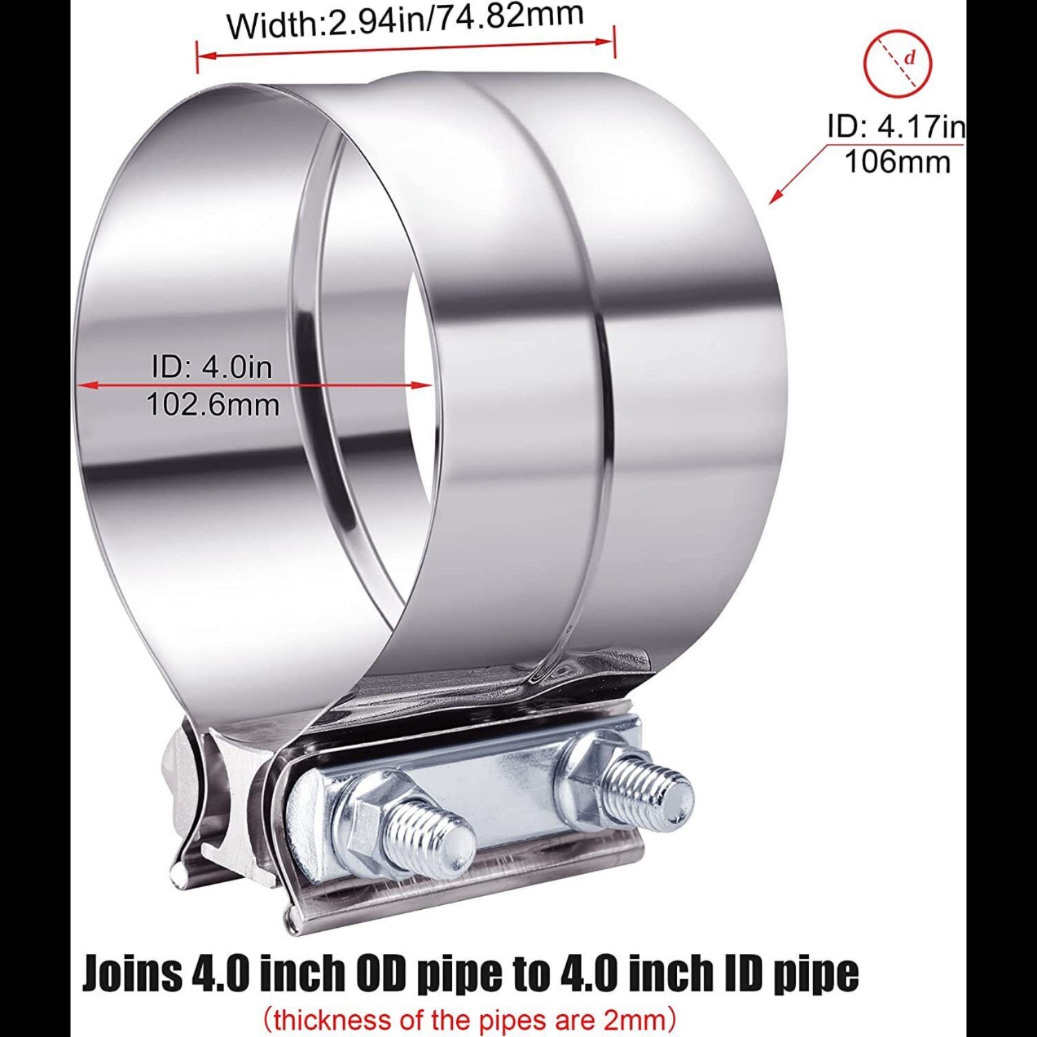 4" Inch Stainless Steel Lap Joint Exhaust Clamp Muffler Sleeve Coupler