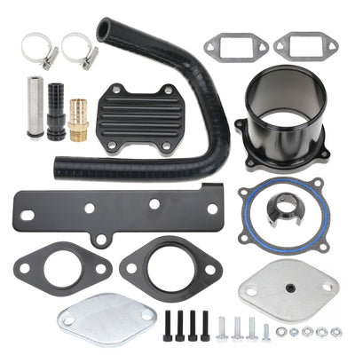 Black 6.7 Cummins EGR delete kit for 2013-2019 Dodge Ram 2500-5500 trucks – includes stainless steel block-off plates, coolant adapters, and pressure-tested components for off-road performance