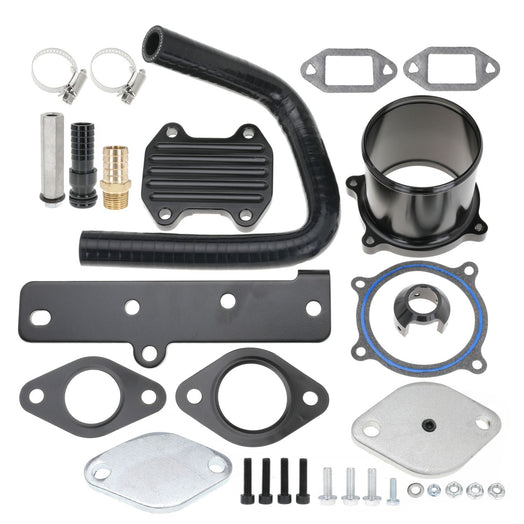 Black 6.7 Cummins EGR delete kit for 2013-2019 Dodge Ram 2500-5500 trucks – includes stainless steel block-off plates, coolant adapters, and pressure-tested components for off-road performance